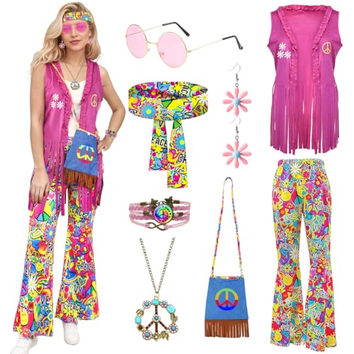 COYBTO Hippie Kostüm Damen, 70er Jahre Bekleidung mit Hippie Kleid Hippie Weste Hippie Accessoires, Kostüm Damen Fasching, 60er 70er Jahre Kleidung für Karneval Cosplay Party (1, M) von COYBTO