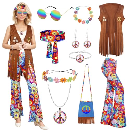COYBTO Hippie Kostüm Damen, 70er Jahre Bekleidung mit Hippie Kleid Hippie Weste Hippie Accessoires, Kostüm Damen Fasching, 60er 70er Jahre Kleidung für Karneval Cosplay Party (2, M) von COYBTO