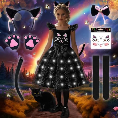 COYBTO LED Leuchtendes Katzenkostüm Mädchen, Tierkostüm Kinder mit Katzenschwanz Katzenohren Haarband Schleife, Faschingskostüme Kinder, Katzenkleid für Karneval Themenparty Kostüm Party (110) von COYBTO