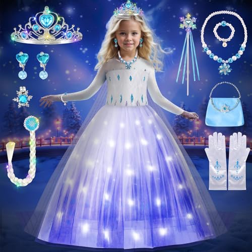 COYBTO Prinzessin Kleid Mädchen, LED Leuchtendes Eiskönigin Elsa Anna Kostüm Mit LED Krone Zauberstab Set, Faschingskostüme Kinder Elsa Prinzessin Kostüm für Karneval von COYBTO