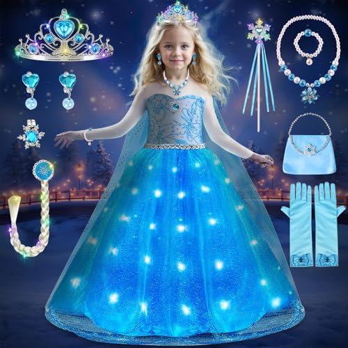 COYBTO Prinzessin Kleid Mädchen, LED Leuchtendes Eiskönigin Elsa Anna Kostüm Mit LED Krone Zauberstab Set, Faschingskostüme Kinder Elsa Prinzessin Kostüm für Karneval von COYBTO