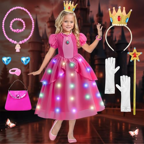 COYBTO Prinzessin Peach Kostüm Mädchen, Leuchtende Prinzessin Kleid für Mädchen Set mit Krone, Handschuhe, Halskette, Peach Prinzessin Kostüm Mädchen für Halloween, Karneval, Geburtstag Cosplay COYBTO Prinzessin Peach Kostüm Mädchen, Leuchtende Prinzessin Kleid für Mädchen Set mit Krone, Handschuhe, Halskette, Peach Prinzessin Kostüm Mädchen für Halloween, Karneval, Geburtstag Cosplay von COYBTO