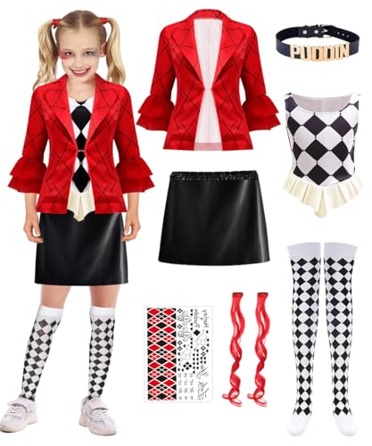 COYBTO Quinn Kostüm, Clown Kostüm Kinder mit Jacke Oberteil Shorts Perücke Accessoires, Quinn Cosplay Faschingskostüme, Geschenk für Mädchen, Quinn Kostüm für Halloween Karneval Cosplay (130) von COYBTO