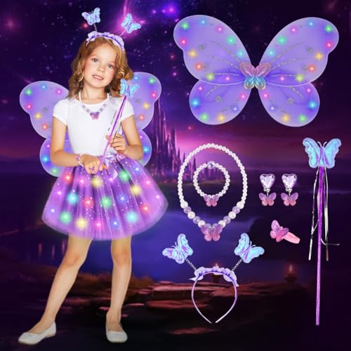 Leuchtendes Feenkostüm für Mädchen,Feenflügel mit Halskettenset,Leuchtende Feen Schmetterlingsflügel,LED Tutu Tüllrock Mädchen Kinder,Prinzessinnen Kostüm für Halloween Geburtstag Party Karneval Leuchtendes Feenkostüm für Mädchen,Feenflügel mit Halskettenset,Leuchtende Feen Schmetterlingsflügel,LED Tutu Tüllrock Mädchen Kinder,Prinzessinnen Kostüm für Halloween Geburtstag Party Karneval von COYBTO