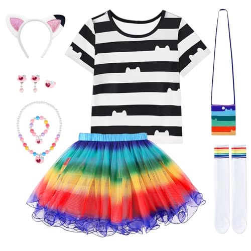 Prinzessin Kostüm Mädchen, Regenbogen Tutu Kleid für Mädchen mit Schwarzem Weißem T-Shirt, Halskette und Tasche für Party Geburtstag Halloween Karneval Cosplay (110) von COYBTO