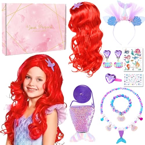 Prinzessin Kostüme Zubehör Set, Meerjungfrau Kinder Schmuckset, Dress Up Zubehör Mit Perücke Halskette Armband Handtasche, Geschenke Für Mädchen Geburtstag von COYBTO