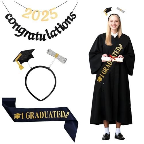 Prüfung Bestanden Schärpe, Abschluss Haarband und Congratulations Banner, 2025 Graduation Deko Set 3-teilig, Bestandene Prüfung Geschenk, Abitur 2025 Geschenke für Klassenkameraden, Freunde, Abi Deko von CPENG