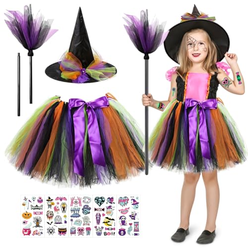 Hexenkostüm Mädchen, Hexenkostüm Kinder, Halloween Kostüm Kinder Mädchen, 4-Teiliges Set Mit Hexen Hut, Besen,Tüllrock und leuchtenden Aufklebern, Tüllrock Für Fasching, Cosplay Party, Halloween von CPKONUUIP