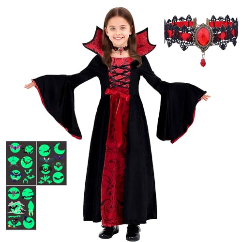 CPKONUUIP Vampir Kostüm Mädchen,Vampir Kostüm Kinder Mädchen,Halloween Kostüm Vampirs Mädchens,Kinderkostüm Vampirins Kleid,Gothic Vampirins Queen Dress,Perfekt für Halloween-Cosplay-Partys(M) von CPKONUUIP