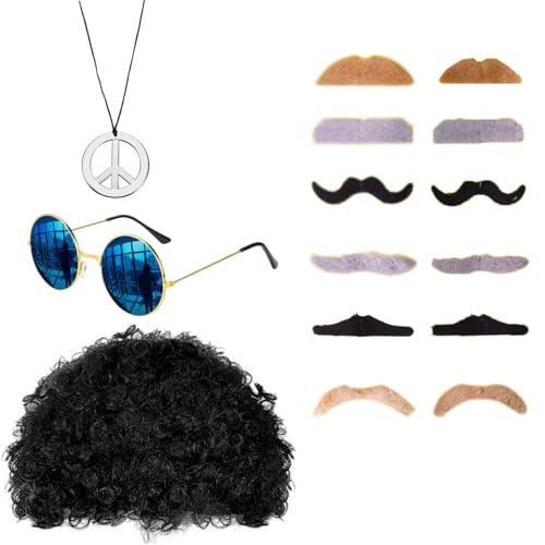CPRNQY Zeitreise Kostüm, 70er Jahre Kostüm Herren, Hippie Kostüm Herren, Mode Afro Perücke, Sonnenbrille, Frieden Zeichen Halskette, Schnauzbart, 60er 70er Jahre Stil für Herren & Damen Thema Party CPRNQY Zeitreise Kostüm, 70er Jahre Kostüm Herren, Hippie Kostüm Herren, Mode Afro Perücke, Sonnenbrille, Frieden Zeichen Halskette, Schnauzbart, 60er 70er Jahre Stil für Herren & Damen Thema Party von CPRNQY