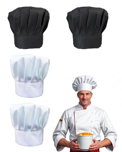 4 Stück Kochmütze Herren, Kochmütze, Koch Kostüm Herren, Kochmütze Unisex Kochmütze, Kochmütze für Restaurant Kochen BBQ Backen, Verstellbar Koch Kostüm, Koch Mütze Café Restaurant (Schwarz, Weiß) von CPRNQY