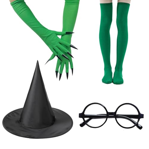 Hexen Kostüm Damen Set, 4-teiliges Set mit Hexenhut, schwarzem Brillengestell, Krallenhandschuhen und kniehohen Strümpfen, Ideal für Authentisches Design für Mottopartys und Cosplay von CPRNQY