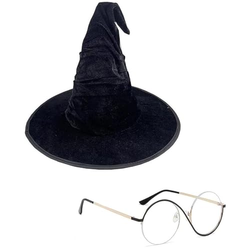 Hexenhut Damen, Hexen Kostüm Damen Set, 1 Schwarze Goldene Asymmetrische Brille und 1 Raffinierter Hexenhut, Halloween Karneval Cosplay Party Zubehör, Ideal für Partys von CPRNQY