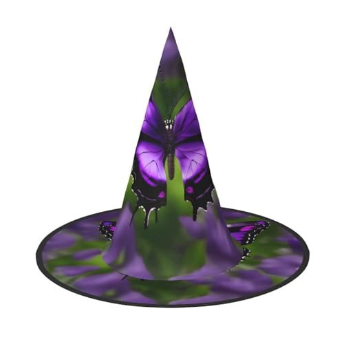 Halloween-Hut – lila Schmetterlings-Druck, Hexendekoration, Party, Hexenkostüm, spitze Hornkappe, festliches Geschenk, 2 Stück Halloween-Hut – lila Schmetterlings-Druck, Hexendekoration, Party, Hexenkostüm, spitze Hornkappe, festliches Geschenk, 2 Stück von CPyuqw