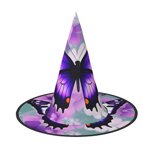 Halloween-Hut – lila Schmetterlings-Druck, Hexendekoration, Party, Hexenkostüm, spitze Hornkappe, festliches Geschenk, 3 Stück Halloween-Hut – lila Schmetterlings-Druck, Hexendekoration, Party, Hexenkostüm, spitze Hornkappe, festliches Geschenk, 3 Stück von CPyuqw