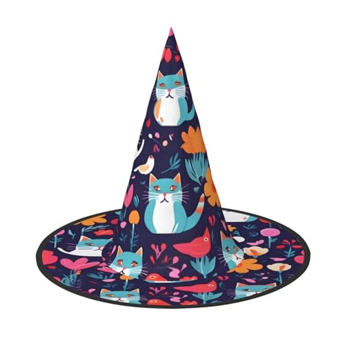 Halloween-Hut – lustige Katzen, Vögel und Blumen, Druck, Hexendekoration, Party, Hexenkostüm, spitze Hornkappe, festliches Geschenk, 2 Stück Halloween-Hut – lustige Katzen, Vögel und Blumen, Druck, Hexendekoration, Party, Hexenkostüm, spitze Hornkappe, festliches Geschenk, 2 Stück von CPyuqw