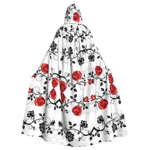 Unisex Halloween Kapuzenumhang – Blumenrose mit Blättern, Frühling, Volldruck, Erwachsenenkostüm, Umhang für Cosplay, Party und Themenveranstaltungen von CPyuqw