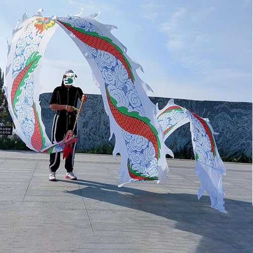 CQCQC 3D Bunter Drachen-Poi-Park, fließender Regenbogen-Satin-Drachen-Poi, Schleudern des Drachens, Spiral-Übungsband-Streame mit Kopf for Jugendliche/Erwachsene/Senioren(White,6m) von CQCQC