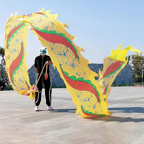 CQCQC 3D Bunter Drachen-Poi-Park, fließender Regenbogen-Satin-Drachen-Poi, Schleudern des Drachens, Spiral-Übungsband-Streame mit Kopf for Jugendliche/Erwachsene/Senioren(Yellow,10m) von CQCQC