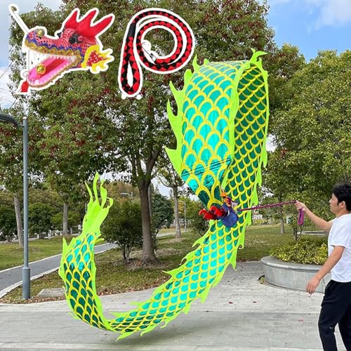 CQCQC 3D Wu Long Dragon Ribbon Streamer, Dragon Poi Tanzband mit Schuppen und Kopf, Schleudernder Drachenstreamer for Outdoor-Jonglage, fließender Seidendrachenpoi for den Park(Green,6m) von CQCQC