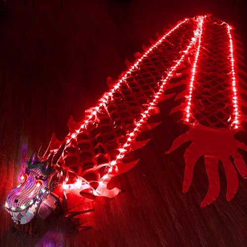 CQCQC Lumineszierender Drachenpoi, geführter Drachenpoi, fließender quadratischer Übungstanz-Drachenbandpoi, Sich drehendes Drachenband leuchtet for die Nachtparade(Red,10m) von CQCQC