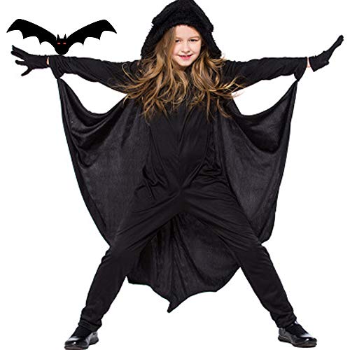 Kinder Halloween Kostüm Mädchen Jungen Kleider Black Fledermausflügel Ärmel mit Kapuze Cape Cosplay Partei Kostüm und Handschuhe von CQDY