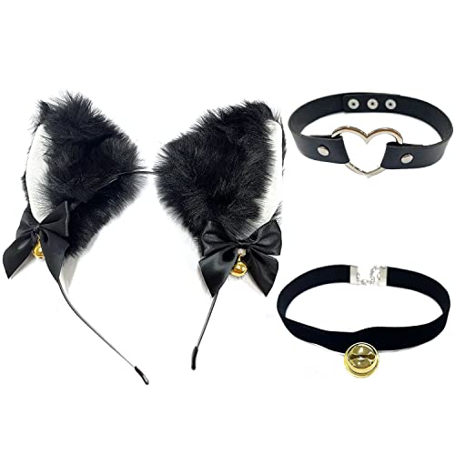 1 Stück schwarzes Katzenohren-Stirnband, mit 2 Stück Umhängeband, Katzen-Cosplay-Zubehör mit Glocken, Halloween-Kleid-Zubehör für Mädchen, Frauen, Party-Cosplay. von CQQNIU