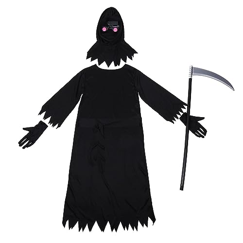 Halloween-Sensenmann, Sensenmann-Kleid Für Kinder, Sensenmann-Kostüm Für Herren, Lustiges Schwarzes Sensenmann-Kostüm, Horror-Kleid, Sense, Leuchtend Rote Brille, Neutrale Kapuzenrobe Für Halloween, C von CQSJX