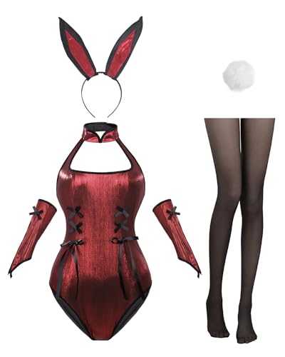 CR ROLECOS Bunny Kostüm Frauen Cosplay Kostüm Anime Hase Outfit Damen mit Ohre und Fäustling Rot L von CR ROLECOS