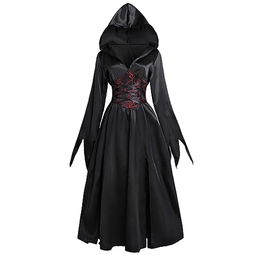 CR ROLECOS Hexen kostüm damen schwarz Halloween Cosplay Zombie Kostüm Hexe witches Kleid,Damen Langarm Mittelalter Kleid Gothic Retro Kleid M von CR ROLECOS