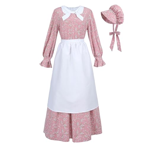 CR ROLECOS Damen Pionierkleid Rose Pink Floral Prärie Kleider Pilger Kolonial Kostüm Motorhaube Schürze 3-teiliges Set M von CR ROLECOS