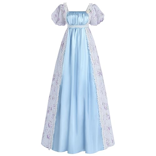 CR ROLECOS Damen Regency Kleid Regency Empire Taille Kostüm Viktorianische Luxuriöse Satinkleider, Blau, XX-Large von CR ROLECOS