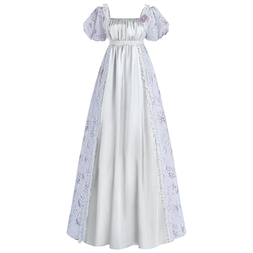 CR ROLECOS Damen Regency Kleid Regency Empire Taille Kostüm Viktorianische Luxuriöse Satinkleider, GRAU, L von CR ROLECOS