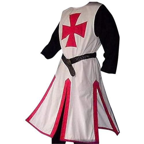 CR ROLECOS Herren Mittelalter Ritter Kostüm Kreuzritter Wikinger Tunika Renaissance Krieger Templer Mit Gürtel Rot 3XL von CR ROLECOS