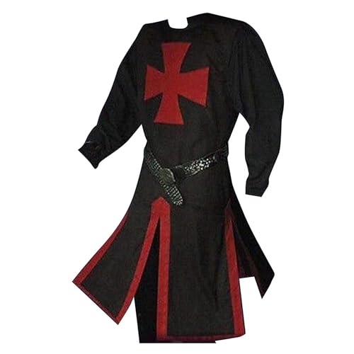 CR ROLECOS Herren Mittelalter Ritter Kostüm Kreuzritter Wikinger Tunika Renaissance Krieger Templer Mit Gürtel Schwarz 3XL von CR ROLECOS