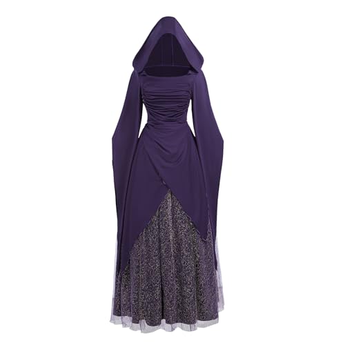 CR ROLECOS Hexenkostüm Damen Kapuzen Hexenkleid Mittelalter Gothic Kleider 2 Stück für Halloween, Violett, XX-Large von CR ROLECOS