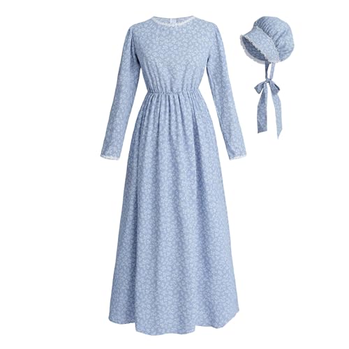 CR ROLECOS Pioneer Kleid Frauen Blau Floral Prärie Kleider Altmodisch Amish Kolonial Pilger Kostüm Motorhaube Set L von CR ROLECOS