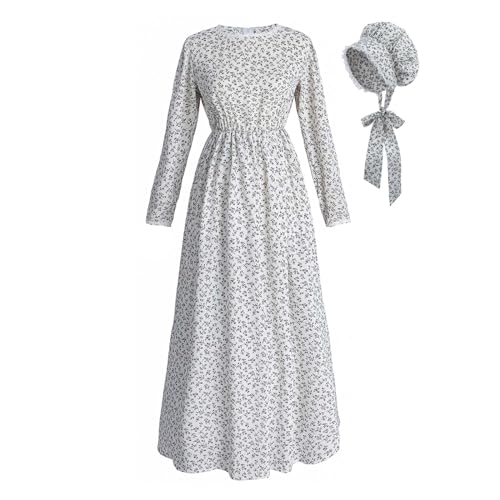 CR ROLECOS Pioneer Kleid Frauen Weiß Floral Prärie Kleider Altmodisch Amish Kolonial Pilger Kostüm Motorhaube Set S von CR ROLECOS