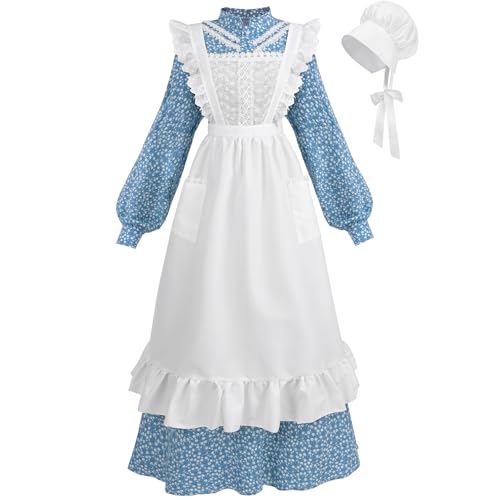 CR ROLECOS Pioneer Kleid für Erwachsene und Damen, florales Präriekleid, historisches Kolonialkleid, Kostüm, Blau, Größe XXL von CR ROLECOS