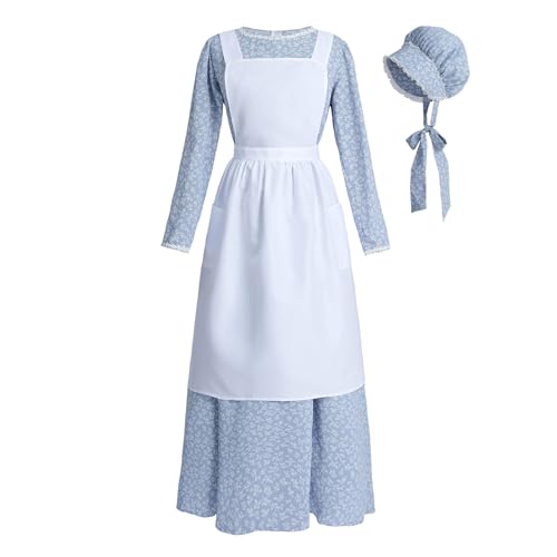 ROLECOS Pioneer Kleid Damen Blau Floral Prärie Kleider Altmodisch Amish Kolonial Pilger Kostüm 3 Stück Set S von CR ROLECOS