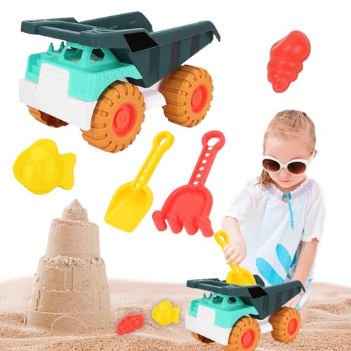 CRADMPAT LKW Kipper Spielzeug ab 1 Jahr, Sandspielzeug Set, Kinder Sandkasten Spielzeug mit 1 Sandschaufel, 1 Harke, 2 Sandformen, 1Kipper und 1 Netzbeutel, Spielfahrzeug für Kinder ab 2 Jahre von CRADMPAT