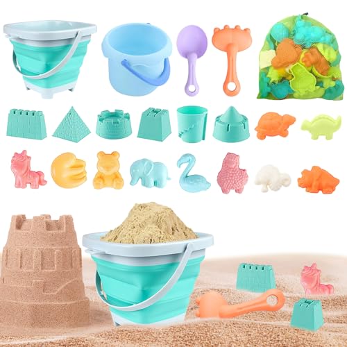 CRADMPAT Sandspielzeug Strandspielzeug Kinder, 22-teiliges Sandkasten Spielzeug Kinder, Gartenspielzeug mit Sandschaufel, Faltbares Eimer, Sandformen, Netzbeutel Strand für Kinder, Jungen und Mädchen von CRADMPAT