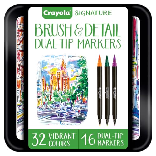 Crayola - Signature, 16 Marker Doppelspitze (Pinsel und feine Spitze), in verzierter Blechdose, kreative Aktivität und Geschenk, 58-6501 von CRAYOLA