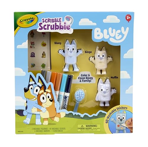 Crayola Scribble Scrubbies Deluxe Bluey Spielset (3 ct), Kleinkind-Kunst- und Bastelset, waschbare Aufkleber, blaues Spielzeug, Malgeschenk für Kinder, ab 3 Jahren von CRAYOLA