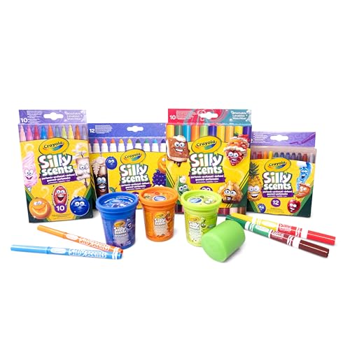 Crayola Silly Scents - Convenience Set, zum Zeichnen mit duftenden Farben, 52 Teile, darunter Filzstifte mit feiner und mittlerer Spitze, Temperafarben, Wachsmalstifte, 7455 von CRAYOLA