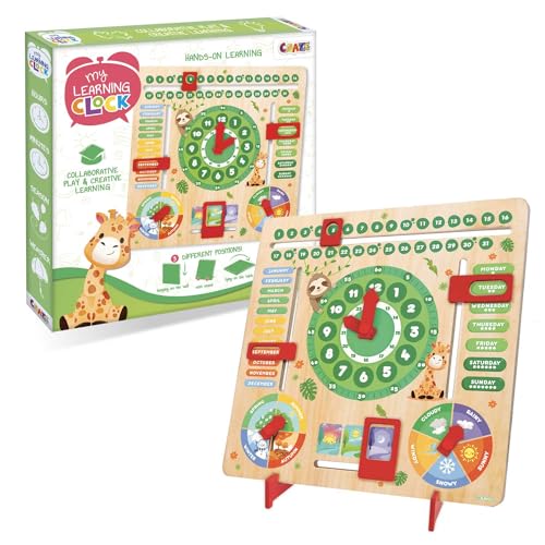 CRAZE My Learning Clock Animals ENGLISCHE Sprache - Lernuhr Kinder Holz, Kalenderuhr zum Lernen für Kinder, Lerntafel Uhr Jahreszeiten Wanduhr von CRAZE