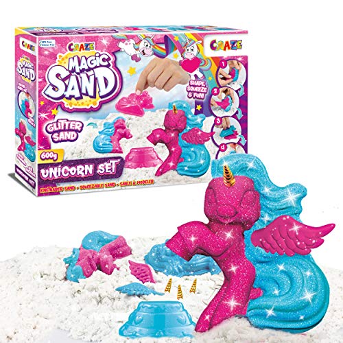 CRAZE MAGIC SAND Unicorn Set | Kinetischer Sand mit Glitzer 600 g, Bastelset Kinder mit Knetsand & Einhorn Formen, dreifarbig Einhorn magischer Sand von CRAZE