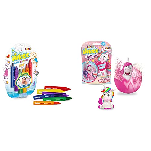 CRAZE INKEE Bath Crayons Kinder Bade Buntstifte Badewannenspielzeug Waschmalstifte 6 Stück 28667 & Spaßbad Einhorn INKEE Magische Duft Badekugel 18378, bunt von CRAZE