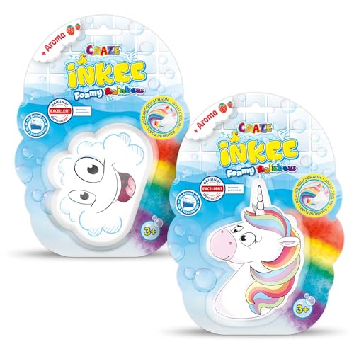 INKEE FOAMY RAINBOW | 2er Set Regenbogen Badebomben, Kinder Badekugeln in Wolken und Einhorn-Form, Erdbeer-Duft von INKEE