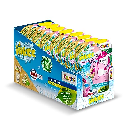 INKEE UNICORN BEACH | 8er Set Einhorn Badekugeln mit Überraschung, 8x Kinder Badebomben mit Einhornfigur, Pop Corn Aroma von INKEE